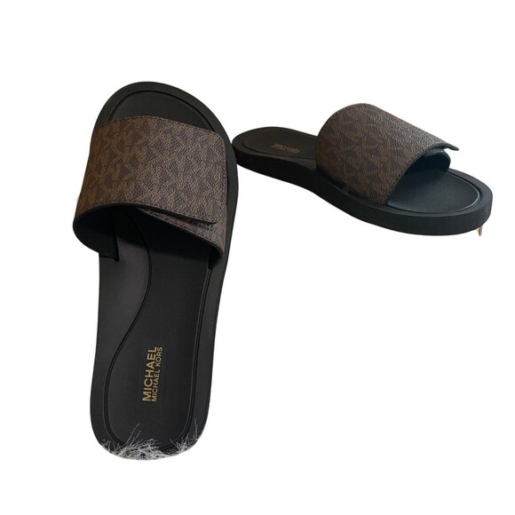 MICHAEL KORS Women's Size 8 Brown MK Signature Logo Print Wade Slide Sandals - Picture 3 of 9